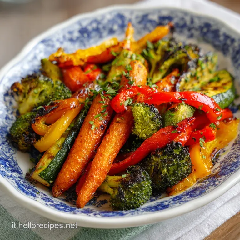 Carefully arranged roasted root vegetables on a white ceramic plate, drizzled with oil and sprinkled with herbs.