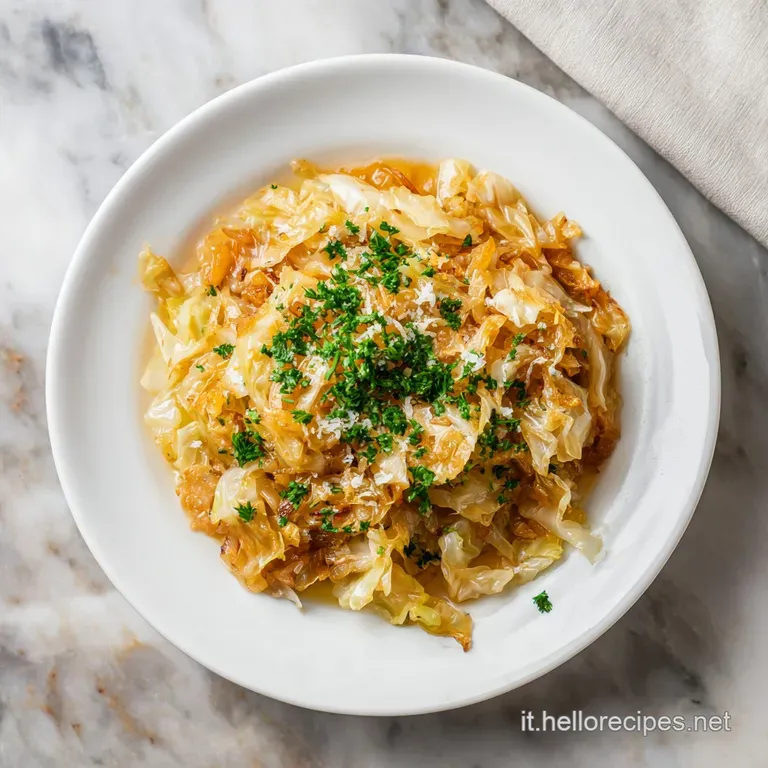 Elegant plate of simmered cabbage; deep green and brown leaves catch the light, a delicate pile showcasing soft, yielding ...