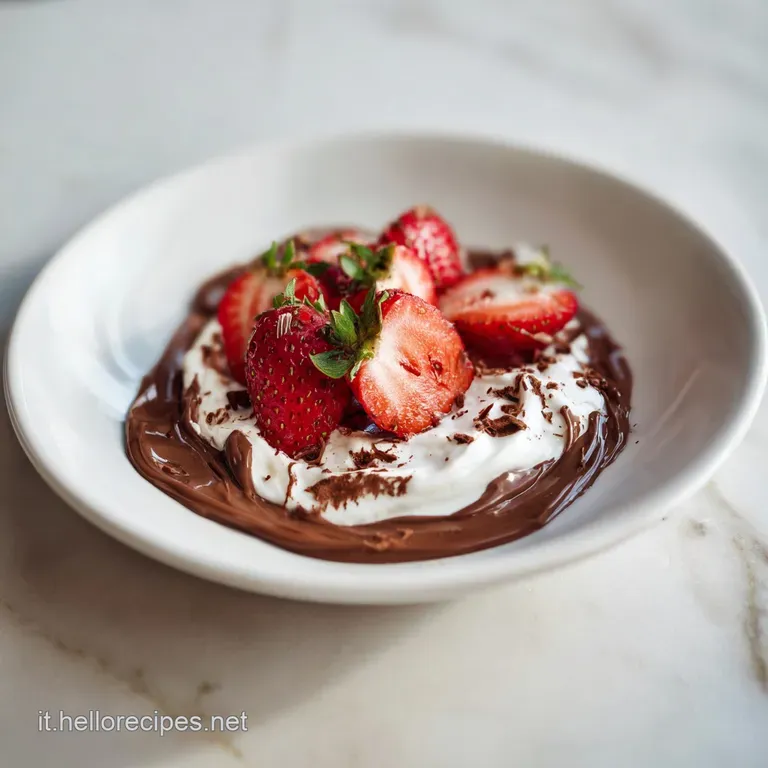 A delicate glass dish showcasing creamy yogurt swirled with dark chocolate, garnished with a mint leaf.