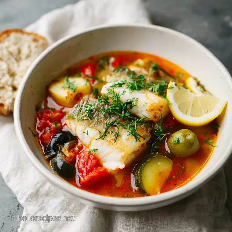 An elegant bowl of zuppa di pesce, showcasing bright red tomatoes, dark mussels, and succulent shrimp with crusty bread.